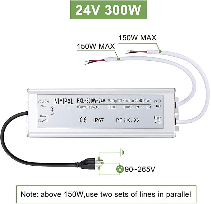 LED Driver 300 Watts(150W X2) 24V DC Transformer， Waterproof IP67 Power Supply, 24V DC Low Voltage Output Adapter with 3-Prong Plug 3.3 Feet Cable for LED Light, Computer Project, Outdoor Light