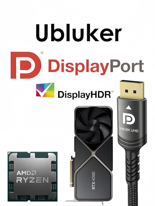 Ubluker 10K 8K DisplayPort 2.1 Cable 54Gbps 13 FT, Certified DP to DP Cord 4K 240Hz 165Hz 144Hz 120Hz 10K 8K 120Hz Nylon Braided UHBR HDCP2.3 FreeSync G-Sync RTX5090 Gaming Monitor PC Projector