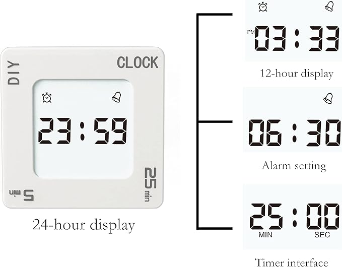 Excellent Home & Office Timer with Clock, 5, 15, 25 and DIY Custom Set Time Minutes Preset Countdown Timer, Easy-to-Use Time Management Tool (White), G400