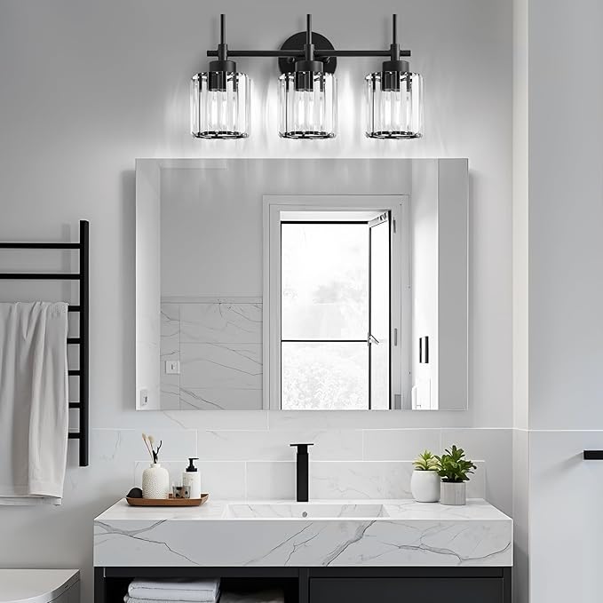 EJIAXIN 3 Light Crystal Vanity Light, Bathroom Lighting Fixtures Over Mirror Black Crystal Wall Light Bath Wall Lighting Modern Bath Wall Sconce Lighting for Bedroom Living Room