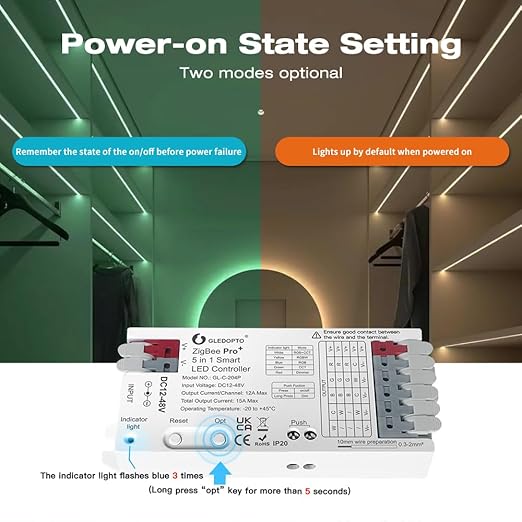 GLEDOPTO ZigBee3.0 LED Controller Pro Smart Home 5 in 1 RGBCCT RGBW RGB CCT WWCW Dimmer DC 12-48V 15A Max PWM Dimming Analog LED Strip Light Work with Hub Bridge Alexa Conbee etc (Hub Required)