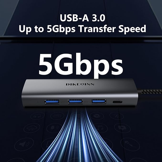 DIKEQINN USB 3.0 Hub with Gigabit Ethernet, 3-Port USB-A 5Gbps + USB-C Power Port for MacBook, Dell, HP, Surface (Plug and Play) (USB-C)