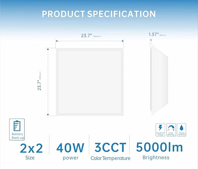 2X2 LED Flat Panel Light Emergency Battery Backup, 40W-3000K/4000K/5000K, 0-10V Dimmable, 4390 Lumens, LED Drop Ceiling Light, 100-277V, DLC and UL Listed, Ultra Thin Back-Lit (24 Pack)
