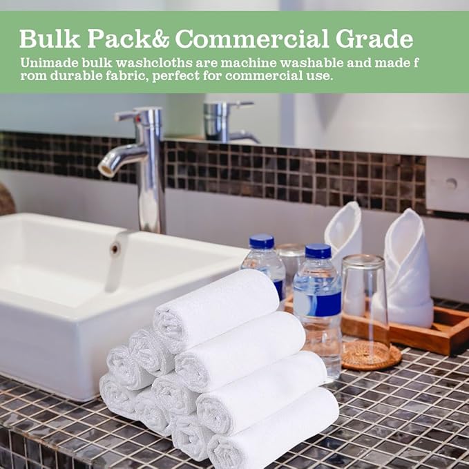 UNIMADE Washcloths Bulk - 100 Pack - Face Towels (12" x 12"), Highly Soft Wash Cloths and Hand Towels, Fast Drying Multi-Purpose Microfiber Cleansing Cloths for Bathroom, Hotel, Spa, and Salon - White