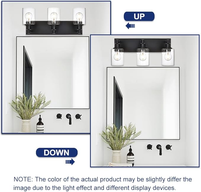 TODOLUZ Industrial Wall Sconce Lighting in Matte Black Finish, 3-Light Bathroom Vanity Light Fixtures with Clear Glass Shades (E26 Bulb Base)