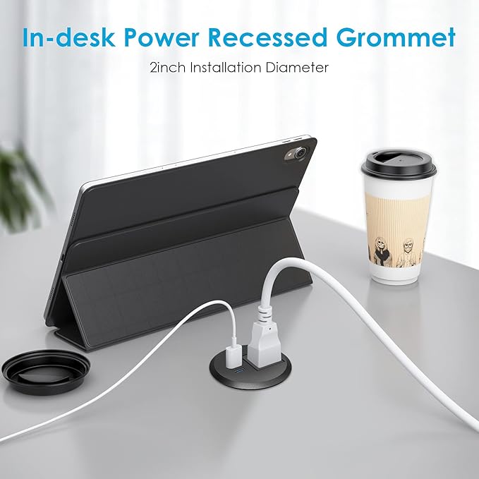 Desktop Power Grommet, 2 inch, USB C PD 20W Fast Charging Station, Desk Hole Recessed Power Outlet,ETL Listed (1, 6 FT Cable)