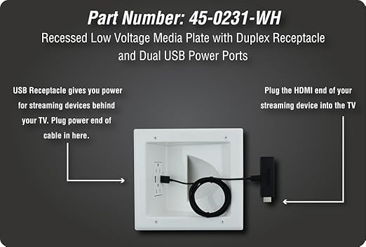 DATA COMM Electronics 45-0231-WH USB Recessed Media Outlet Box, In-Wall Cable Management, Duplex Receptacle,4.0 Amp Dual USB Ports, Large Cable Pass-Through, Design for Thin Mounts & TV, White