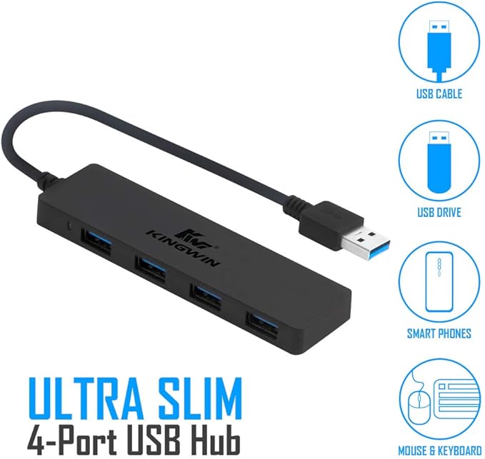 Kingwin USB Hub 4 Port USB 3.0 Data Hub for Mobile SSD, MacBook, Mac Pro/ Mini, iMac, Chromebook, Surface Pro, USB Flash Drives, Notebook PC, XPS, and More [Ultra Slim]