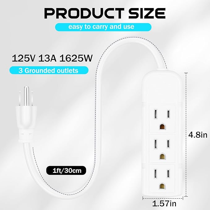 Copkim 20 Pack 3 Outlet Power Strip Extension Cord with Flat Plug Mini Cord 3 Ground Heavy Duty Mountable Outlets Strip for Computer Phone Home Office (1 ft,White)