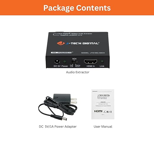 4K 60Hz HDMI Audio Extractor Converter SPDIF + 3.5MM Output Supports HDMI 2.0, HDCP 2.2, 1080P@120Hz, 1080P@144Hz, Dolby Digital/DTS Passthrough CEC, HDR10 by J-Tech Digital [JTD18G-H5CH]