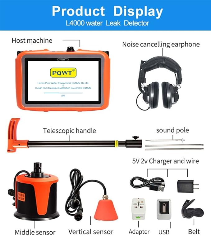 PQWT L4000 Underground Water Leak Detectors Indoor Outdoor Wall Water Pipe Detector Machine Multi Sensor Acoustic Pipeline Leakage Detection Kit Noise Reduction Headphone Smart Touchscreen Carry Case