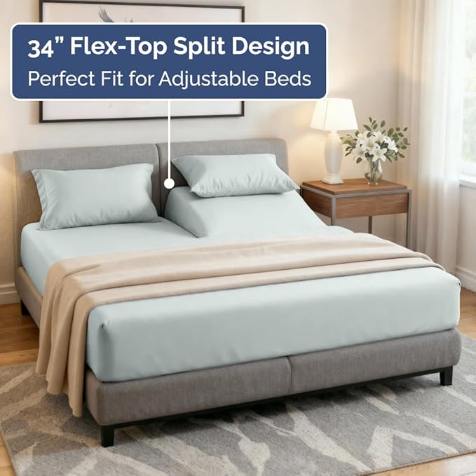 Split Head King Sheet Set – 4 Piece Flex Split Top King Sheets for Adjustable Beds - Fits 14” to 16" Mattress w/ Deep Pockets - Soft, Breathable & Cooling - Luxury Bedding and Wrinkle Free - Ice Blue