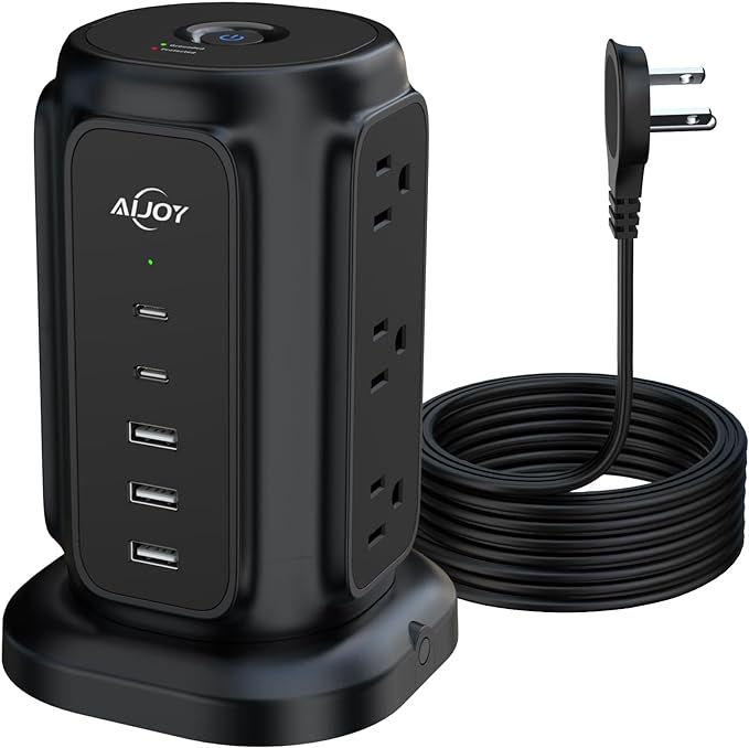 AiJoy Power Strip Tower with 9 AC Outlets and 5 USB Ports (2 USB-C), Flat Plug 1625W 6.5ft Extension Cord, 1200J Surge Protector Charging Station for Home, Office & Dorm