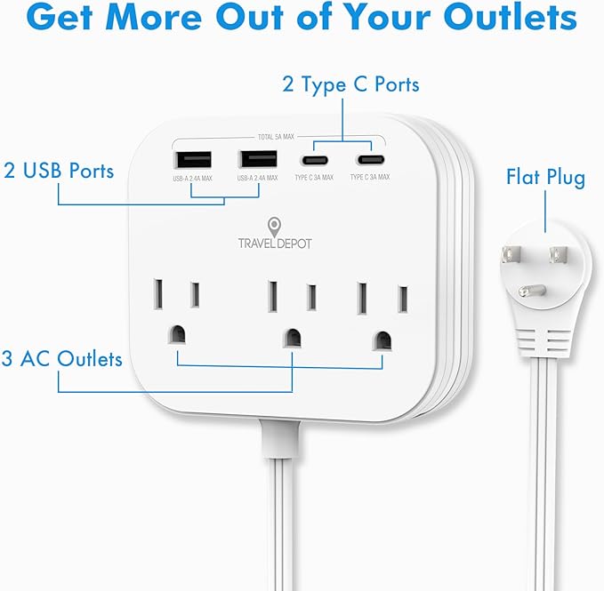 TRAVEL DEPOT Cruise Essentials Flat Plug Power Strip, Durable 5 ft Extension Cord w/ 3 Outlets Extender & Built-In Type C Cable, 2 USB & 2 USB-C Ports, No Surge Protector for Cruise Travel, Dorm, Home