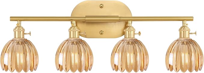 Shenmoyl Bathroom Light Fixtures, 4-Light Brass Vanity Wall Light Over Mirror with Amber Tulip Glass Shade for Bedroom Living Room (Bulb Not Included)
