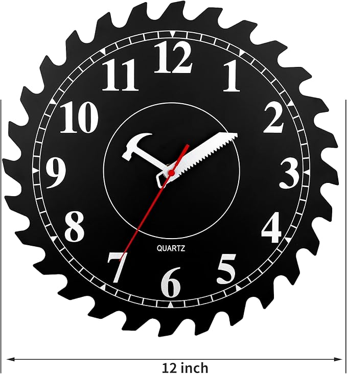 CIGERA 12 Inch Wall Clock with Circular Saw Blade Dial, Handsaw and Hammer Pointer,Great Decor for Home,Workshop and Man Cave (Black)