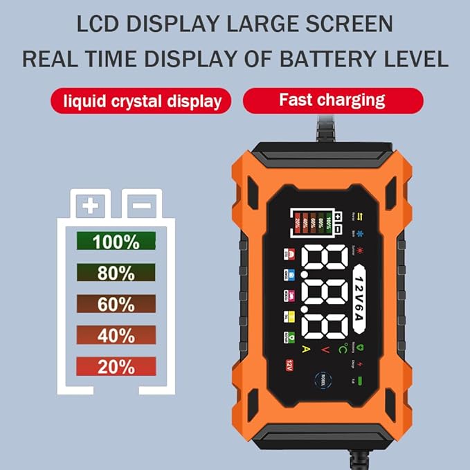 6-Amp 12V Smart Car Battery Charger, Battery Maintainer Trickle Charger with Desulfator, Pulse Repair & Overcharge Protection - for Car Lawn Mower Marine Lead-Acid Batteries (Orange)