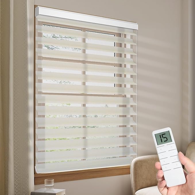Tokblind Motorized Sheer Shade with Remote Control, Light Filtering Electric Roller Blind Compatible with Alexa via Hub, Rechargeable Smart Window Shade Custom Size (Light Filtering Texture Beige)