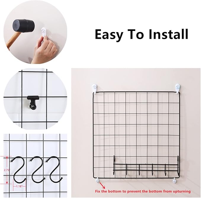 Feadily 5 Pack Metal Grid Wall Board Including 2 Hook Rack, Photo Wall, Picture Board, DIY Home & Office Wall Decor, Photos & Pictures Display Board 13.8 Inch × 13.8 Inch (Black)
