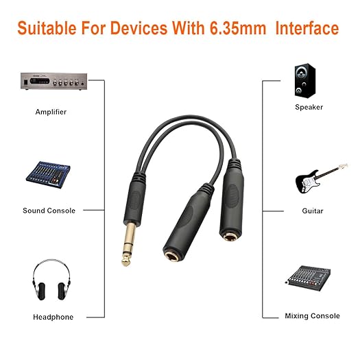 TISINO 6.35mm (1/4 inch) Jack Splitter Cable, 20cm (8 inches), Headphone Splitter Cable, Splitter, Stereo Male to Dual Stereo Female Jack, Compatible with Headphone, Amplifier, Karaoke