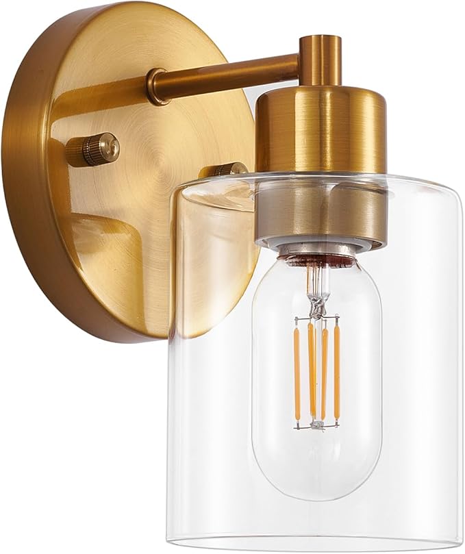 SOPEAS 1-Light Wall Sconce Gold,Vanity Light, Wall Mount Bathroom Mirror Fixtures, Brass Bathroom Light fixtures with Clear Glass Shade for Bedroom, Entrance, Hallway, Living Room (1 Pack)