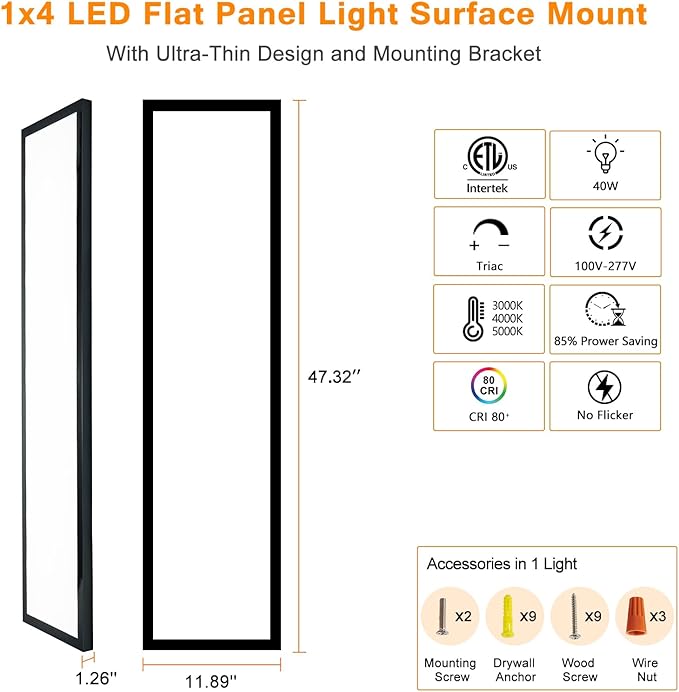 Mcacggo Black 1x4 LED Flat Panel Light Flush Mount 4-Pack, 3000K/4000K/5000K Selectable, Ultra-Thin Surface Mount LED Ceiling Light for Kitchen, Triac Dimmable, Bright 4400LM, 100-277V