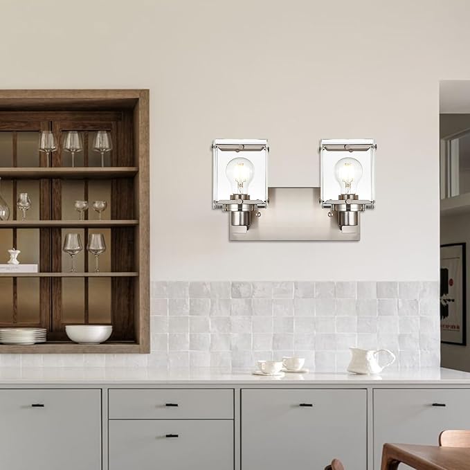 WINSHEN 2-Lights Wall Sconce Lighting E26 Bulb Base, Modern Brushed Nickel Bathroom Vanity Light for Over Mirror Bedroom Cabinet, Wall Light Fixtures with Clear Glass Shades