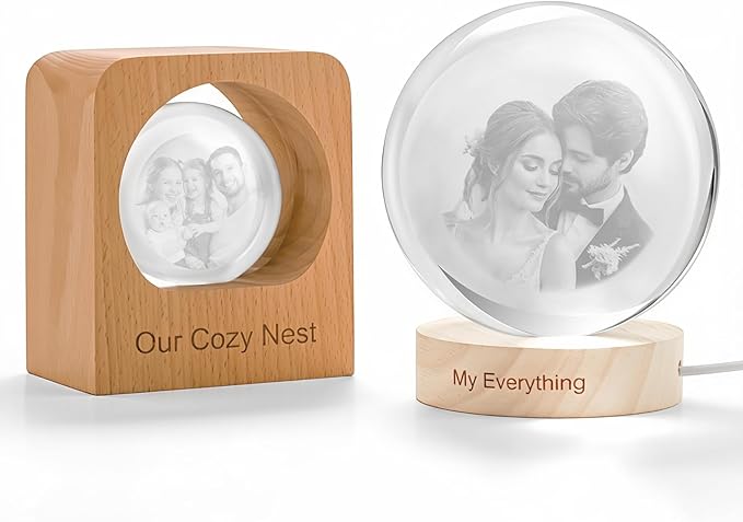Yijhpbc Custom 3D Crystal Photo Night Light Personalized Photo Crystal Ball Engraved Picture Lamp with Wood Base Memorial Gift for Pets Family Couple Birthday Valentine's Day (Style 3)