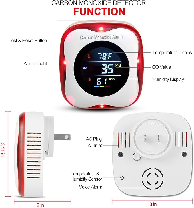 Vzmcov Plug-in Carbon Monoxide Detector with Real-time CO Display and Temperature and Humidity Monitor, Suitable for Home, RV, Apartment, Indoor air Safety Plug-in CO Compact Alarm