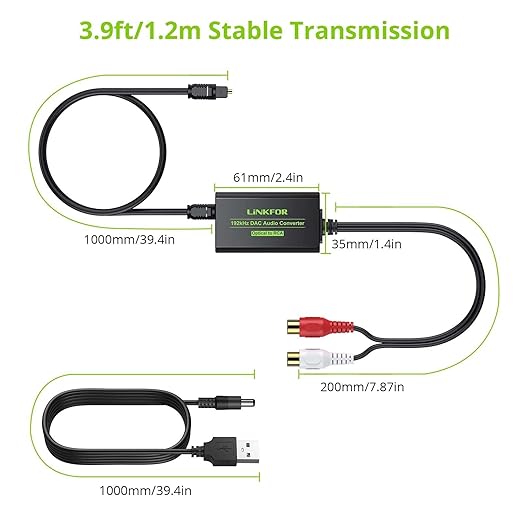 LiNKFOR 192kHz DAC Converter Digital to Analog Converter Digital Optical SPDIF Toslink to Analog Stereo Audio RCA L/R Audio Adapter with Optical Cable for HDTV Blu Ray DVD Amps (RCA Female)