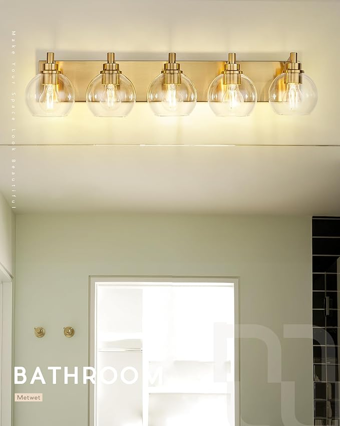 METWET Bathroom Light Fixtures, 5 Light Brushed Gold Vanity Light, 32 Inch Modern Wall Sconces with Globe Clear Glass Shade, Vanity Lighting Fixtures Over Mirror, VL195-BG-CL-5