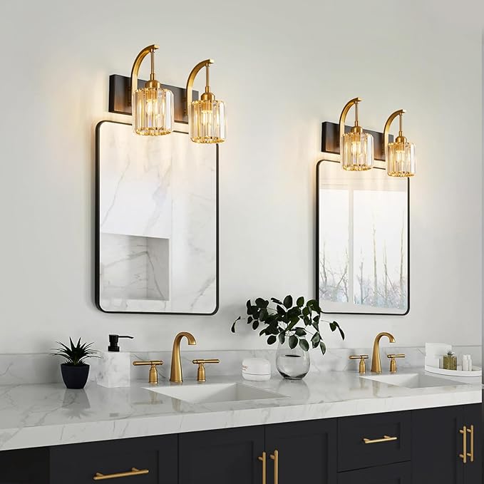 FDPBY Bathroom Crystal Vanity Lights 2-Light Black Gold Wall Lamp Modern Crystal Bathroom Light Fixtures Over Mirror 13.77" Long Wall Sconce