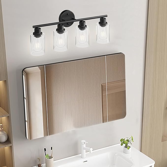 Guliaofo 4-Light Black Bathroom Light Fixtures, E26 Modern Vanity Lights for Bathroom with Clear Glass Shade, Wall Lamps for Mirror Hallway Kitchen Cabinet Living Room Sconces Lights