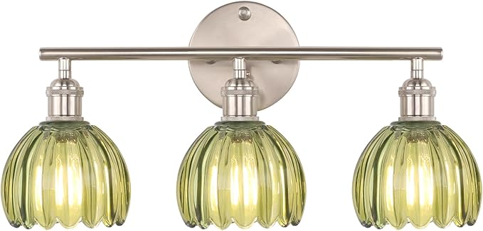 Shenmoyl Bathroom Light Fixtures, 3-Light Vanity Wall Light Over Mirror with Green Tulip Glass Shade for Bedroom Living Room (Bulb Not Included), Satin Nickel