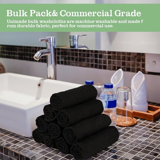 UNIMADE Washcloths Bulk - 100 Pack - Face Towels (12" x 12"), Highly Soft Wash Cloths and Hand Towels, Fast Drying Multi-Purpose Microfiber Cleansing Cloths for Bathroom, Hotel, Spa, and Salon - Black