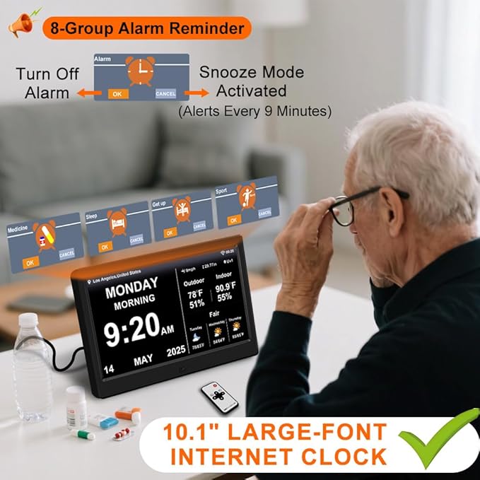 2025 Digital Clock with Weather Forecast & Temperature/Humidity Large Display,Auto Time Sync, Custom Alarms & Medication Reminders, Elderly Memory Loss (Black, 10.1 Inch)