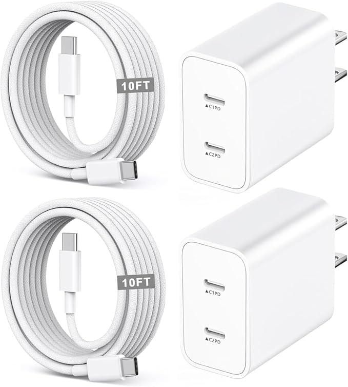 iPhone 17/16/15 Fast Charger,2-Pack USB C 2in1 Dual PD Charging Block with 10FT Long Type C to C Woven Charger Cable for Apple iPhone 17 Pro Max/17 Pro/Air/iPhone 16 Pro Max/16e/15 Pro/15 Plus