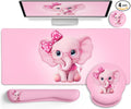 LIMKRIAN Elephant Mouse Pad Desk Mat Set, Kawaii Gaming Ergonomic Mouse Pad with Wrist Support Wrist Rest for Computer Keyboard Cup Coaster, Cute Pink Elephant Office Supplies Desk Decor Accessories