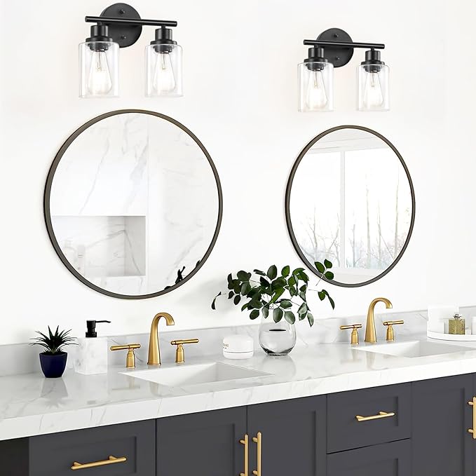 Guliaofo 2-Light Black Bathroom Light Fixtures, E26 Modern Vanity Lights for Bathroom with Clear Glass Shade, Wall Lamps for Mirror Kitchen Hallway Cabinet Living Room Sconces Lights