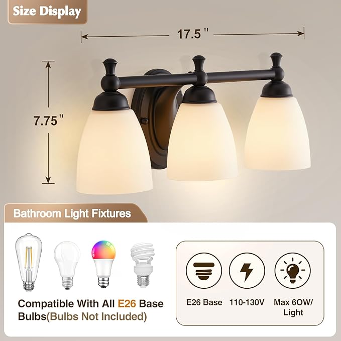 EJIAXIN Vanity Lights for Bathroom, 3-Light Modern Vanity Light Over Mirror Black Bathroom Light Fixture Bedroom Wall Sconces Lighting for Living Room Cabinet