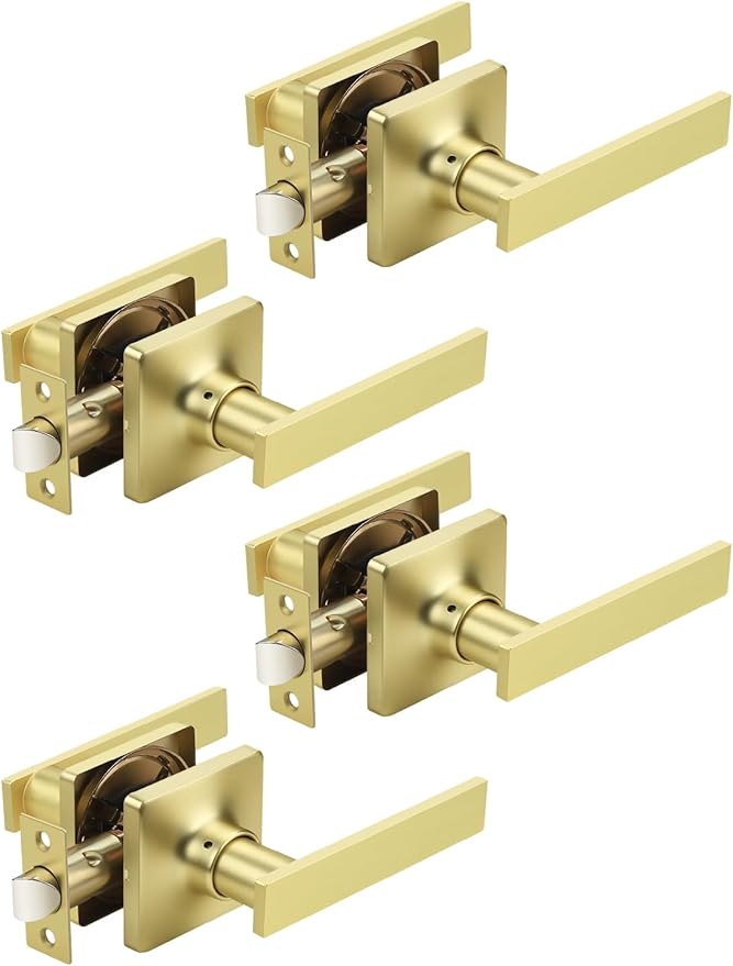 Mengico 4 Pack Passage Door Levers Gold Finish, No-Locking Keyless Square Door Knob, Interior Door Handles for Closet and Hallway, Reversible for Left & Right Handed