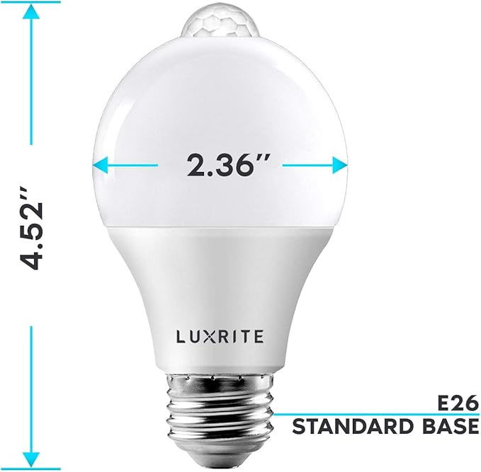 LUXRITE A19 LED Motion Sensor Light Bulbs, 60W Equivalent, Motion Activated Dusk to Dawn Sensor, 3000K Soft White, 800 Lumens, Security Light Bulb, Indoor/Outdoor, UL Listed, E26 Base (4 Pack)