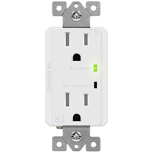 TOPGREENER Surge Protector Receptacle with Grounding Indicator, Child Safe, Tamper-Resistant, Self-Grounding, 900 Joules, 2-Pole, 15A 125V, UL Listed, TGTRSS215R, White