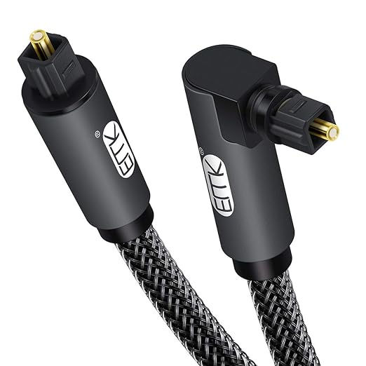EMK 90 Degree Toslink Optical Cable 360 Degree Free-Rotating Plug Fiber Optic Cable S/PDIF Toslink Male to Male for Home Theater, Sound Bar, TV, PS4, Xbox,Grey (10ft/3m)