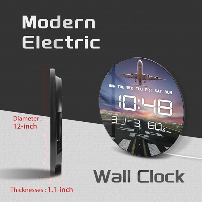 Timethink 12'' Airplane Digital Wall Clock Large Display, Aviation Electric Wall Clock Smart Dimming, Temperature, Humidity, 12/24hr, Date, USB Powered for Office Bedroom Pilot Aviator Retirement Gift