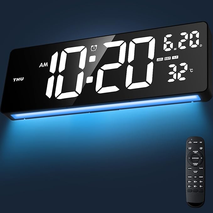 Xflyee 16.5" Digital Clock Large Display with Remote Control, 6-Color Night Light Digital Wall Clock with Dual Alarms, Temperature, Auto DST Large Clock for Living Room, Bedroom, Desk, Mounted, Gift