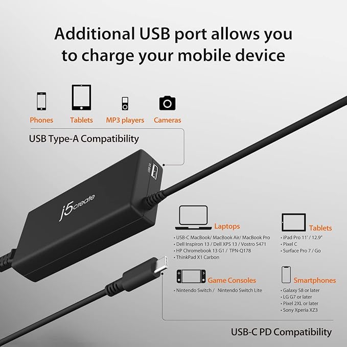 j5create USB Type C PD 100W Fast Charger for MacBook Pro, Chromebook, Laptop, Notebook, Tablet, Android, and iOS Smartphones (JUP2290)