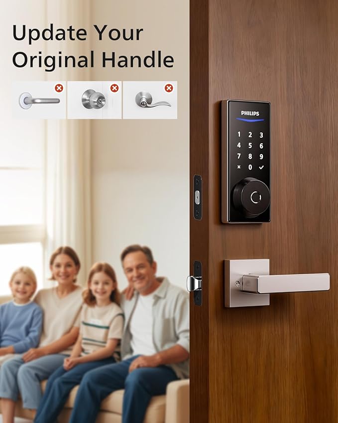 Philips Smart Lock with Handles, Smart Door Lock with 2 Level Handles, Keyless Entry Door Lock Set, Digital Keypad Deadbolt for Front Door, App Fingerprint PIN Code Unlocking, Auto Locking
