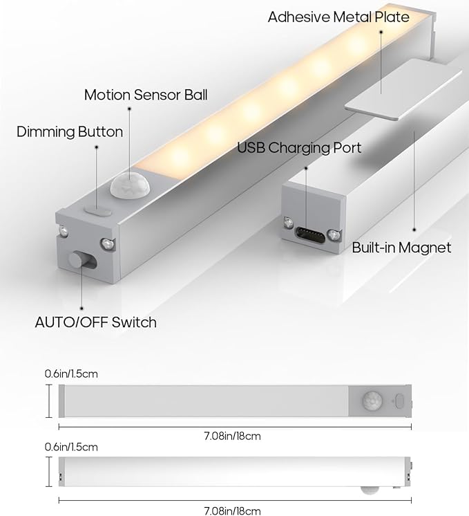 GOODEA Led Under Cabinet Lights Wireless, 7’’ Rechargeable Motion Sensor Light Indoor, Dimmable Closet Lights for Cabinets, Bookshelf, Stair, Hallway Warm White 3 pcs