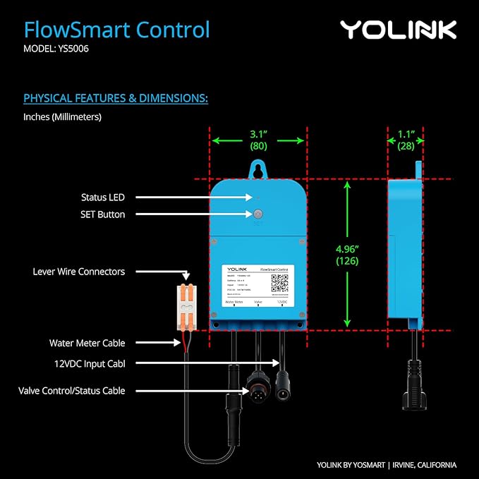 NSF Certified Pulse Meter + Shutoff Valve Kit, 2", FlowSmart Controller YS5006 Reads Meter Pulses, Real-Time Usage & Leak Detection, Auto Shutoff (D2D Offline), LoRa Long Range, Hub Included